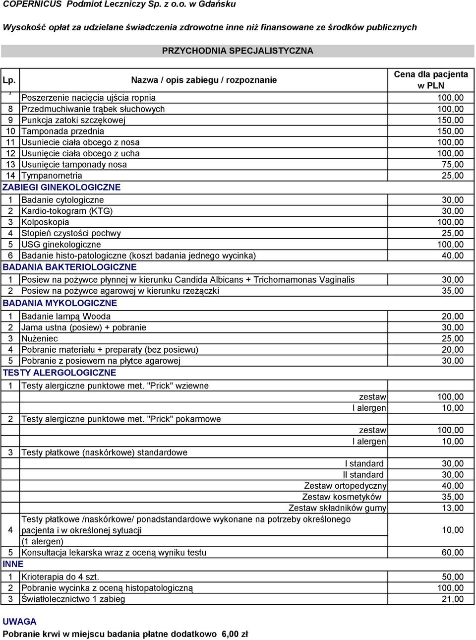 0,00 Kolposkopia 00,00 Stopień czystości pochwy 25,00 5 USG ginekologiczne 00,00 6 Badanie histo-patologiczne (koszt badania jednego wycinka) 0,00 BADANIA BAKTERIOLOGICZNE Posiew na pożywce płynnej w