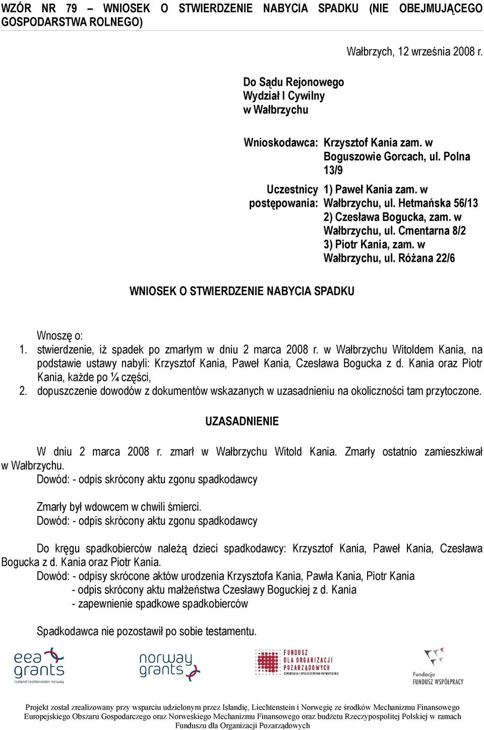 Hetmańska 56/13 2) Czesława Bogucka, zam. w Wałbrzychu, ul. Cmentarna 8/2 3) Piotr Kania, zam. w Wałbrzychu, ul. Różana 22/6 Wnoszę o: 1. stwierdzenie, iż spadek po zmarłym w dniu 2 marca 2008 r.