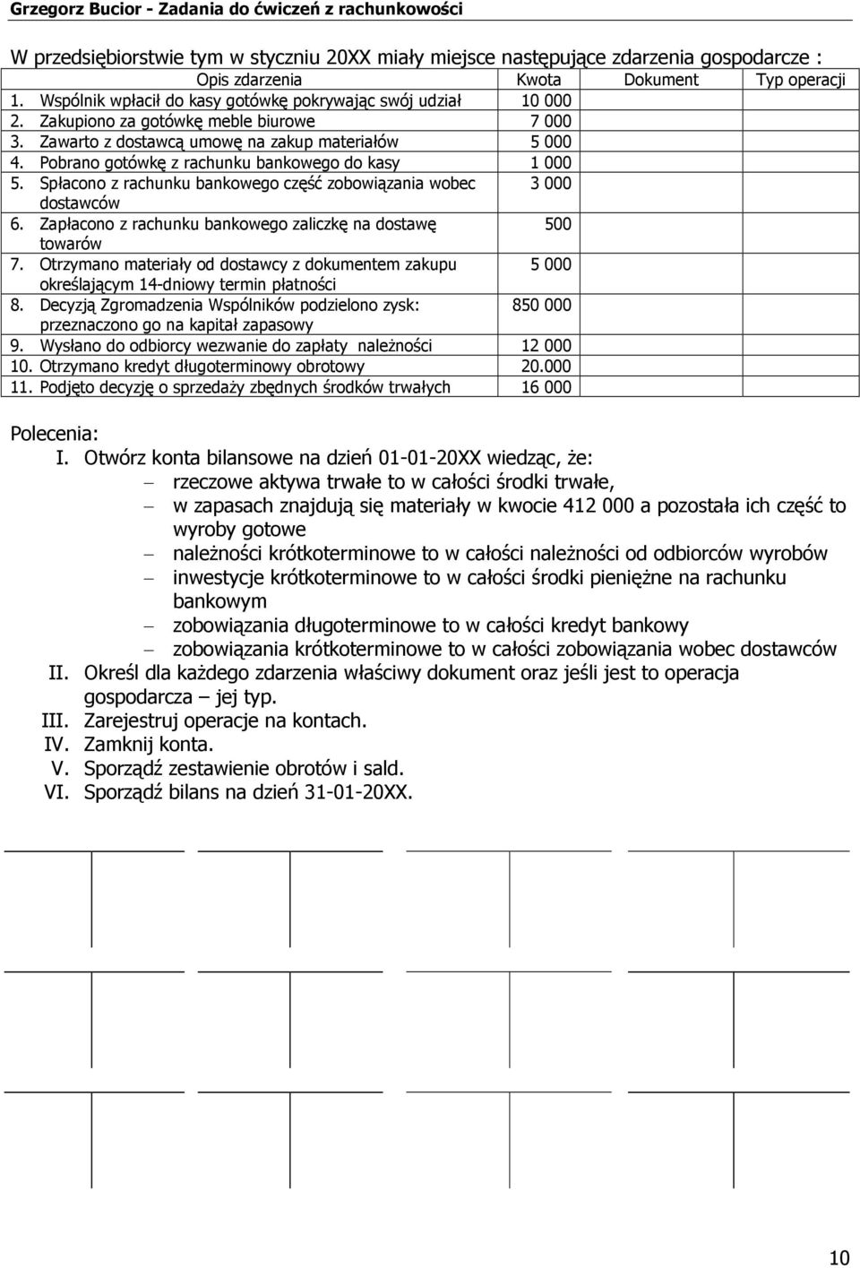 Pobrano gotówkę z rachunku bankowego do kasy 1 000 5. Spłacono z rachunku bankowego część zobowiązania wobec 3 000 dostawców 6. Zapłacono z rachunku bankowego zaliczkę na dostawę 500 towarów 7.