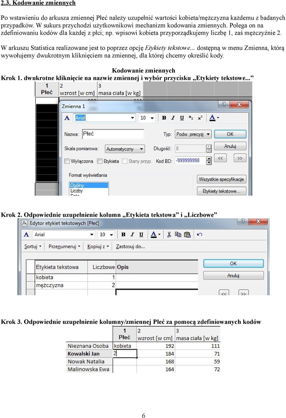 W arkuszu Statistica realizowane jest to poprzez opcję Etykiety tekstowe... dostępną w menu Zmienna, którą wywołujemy dwukrotnym kliknięciem na zmiennej, dla której chcemy określić kody.