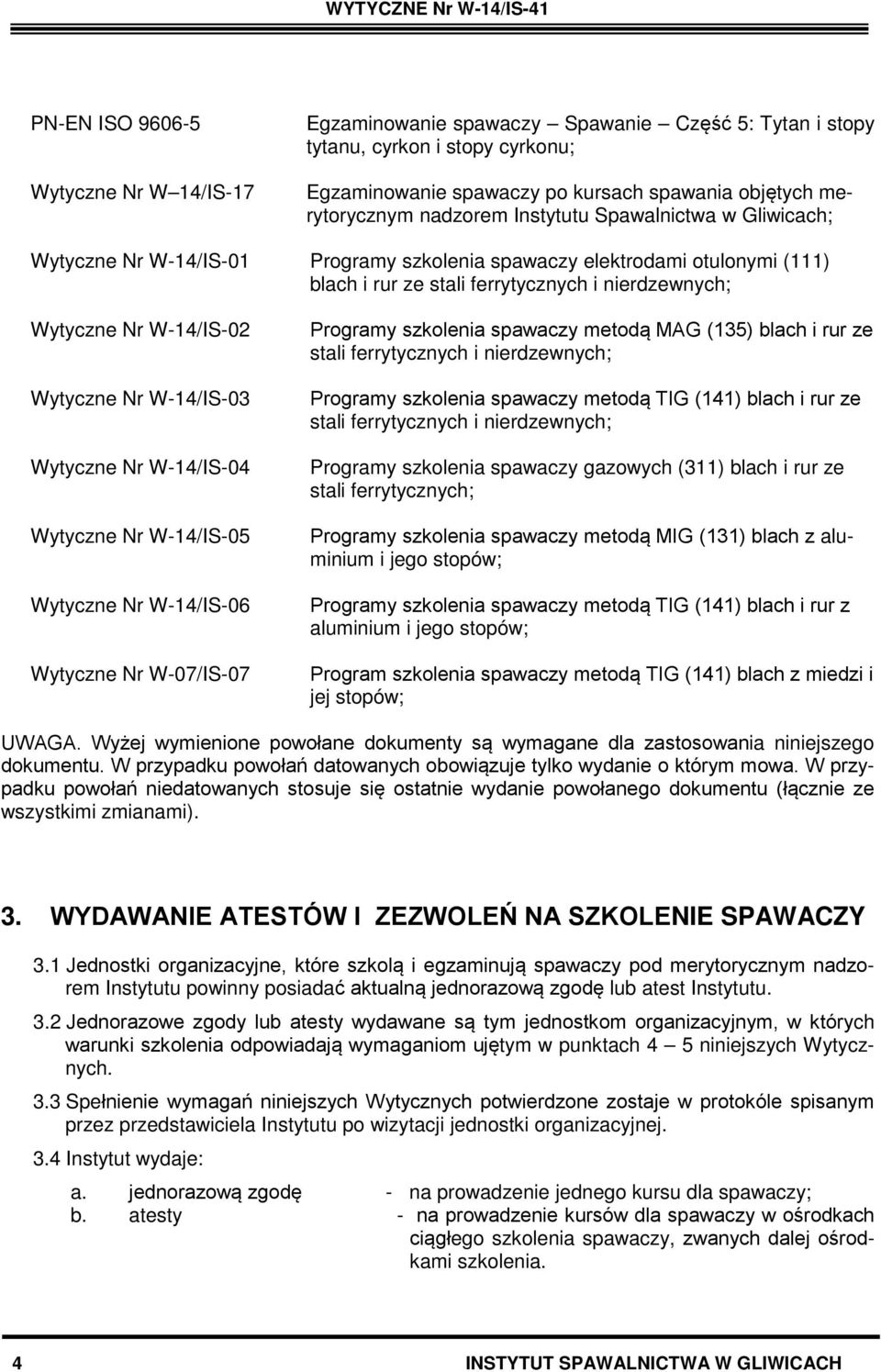 Instytutu Spawalnictwa w Gliwicach; Programy szkolenia spawaczy elektrodami otulonymi (111) blach i rur ze stali ferrytycznych i nierdzewnych; Programy szkolenia spawaczy metodą MAG (135) blach i rur