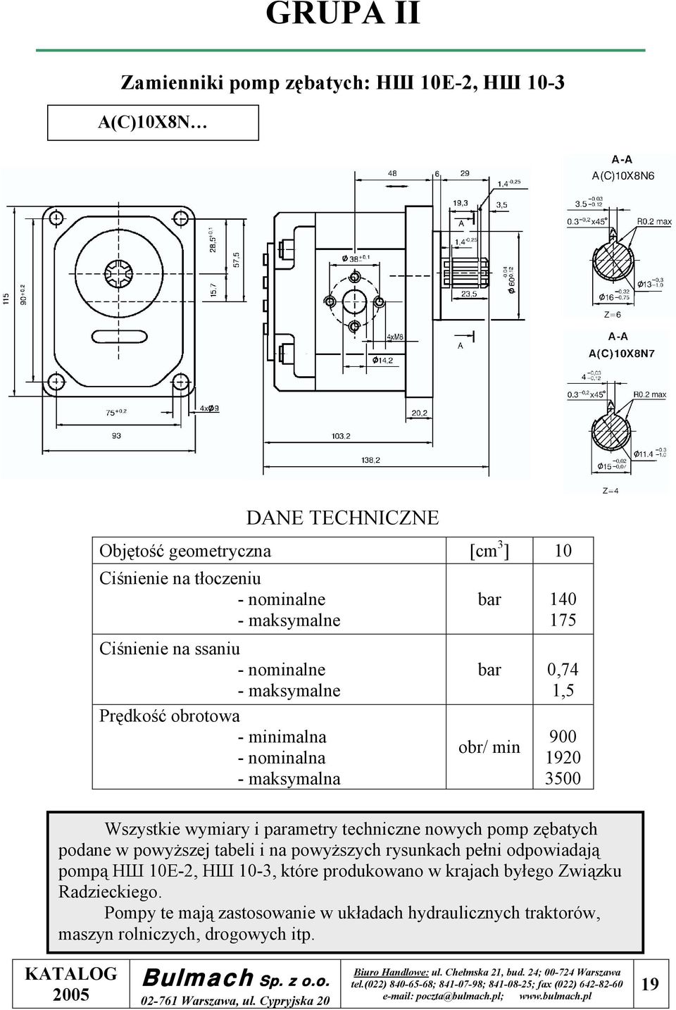 3500 Wszystkie wymiary i parametry techniczne nowych pomp zębatych podane w powyższej tabeli i na powyższych rysunkach pełni odpowiadają pompą HШ 10E-2, HШ