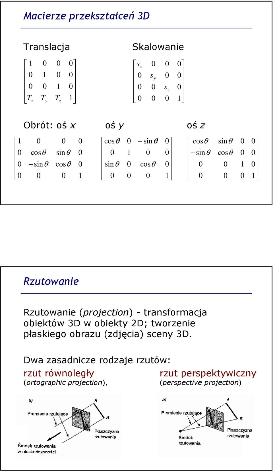 transformacja obiektów 3D w obiekty 2D; tworzenie płaskiego obrazu (zdjęcia) sceny 3D.