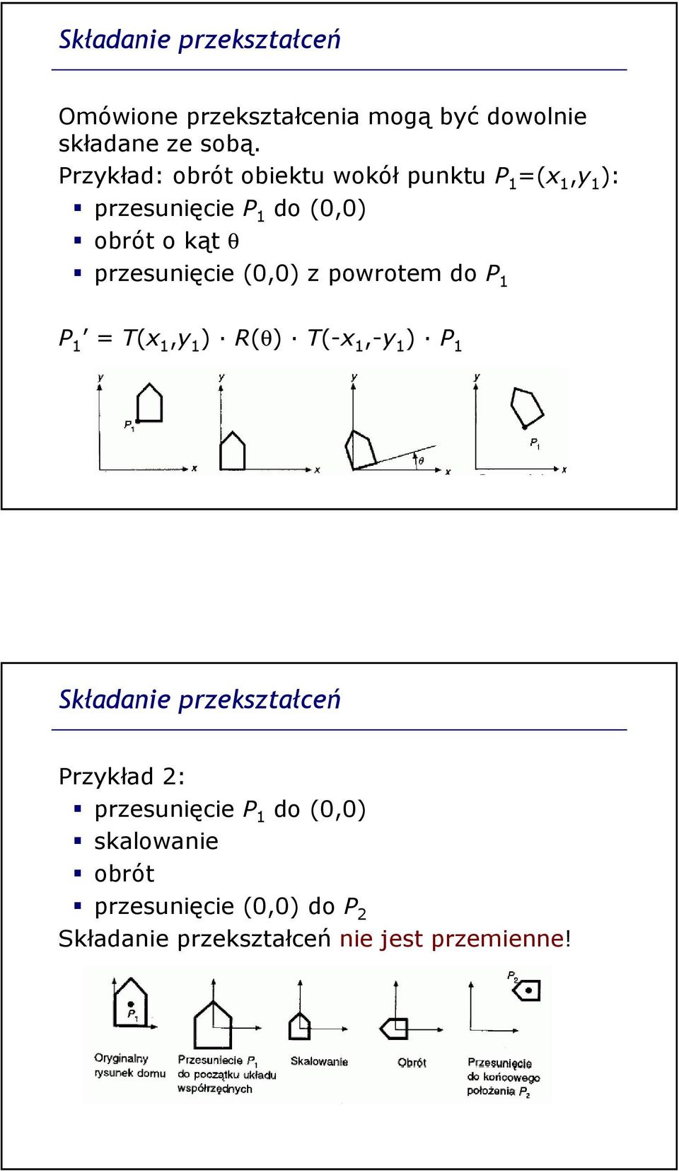 przesunięcie (,) z powrotem do P P = T(x,y ) R(θ) T(-x,-y ) P Składanie przekształceń