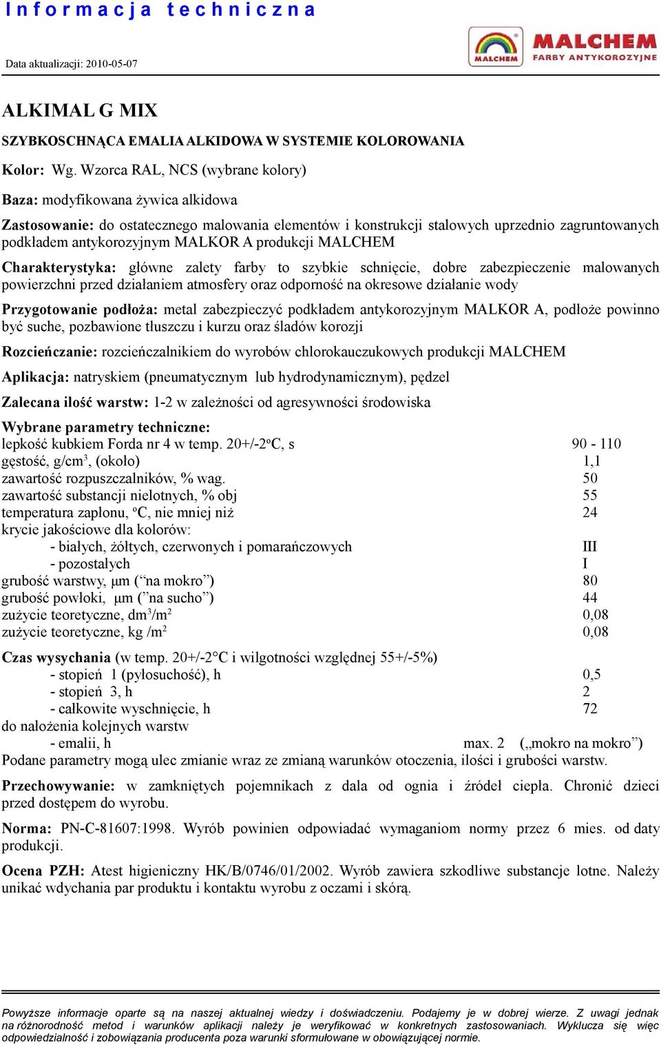 A produkcji MALCHEM Charakterystyka: główne zalety farby to szybkie schnięcie, dobre zabezpieczenie malowanych powierzchni przed działaniem atmosfery oraz odporność na okresowe działanie wody