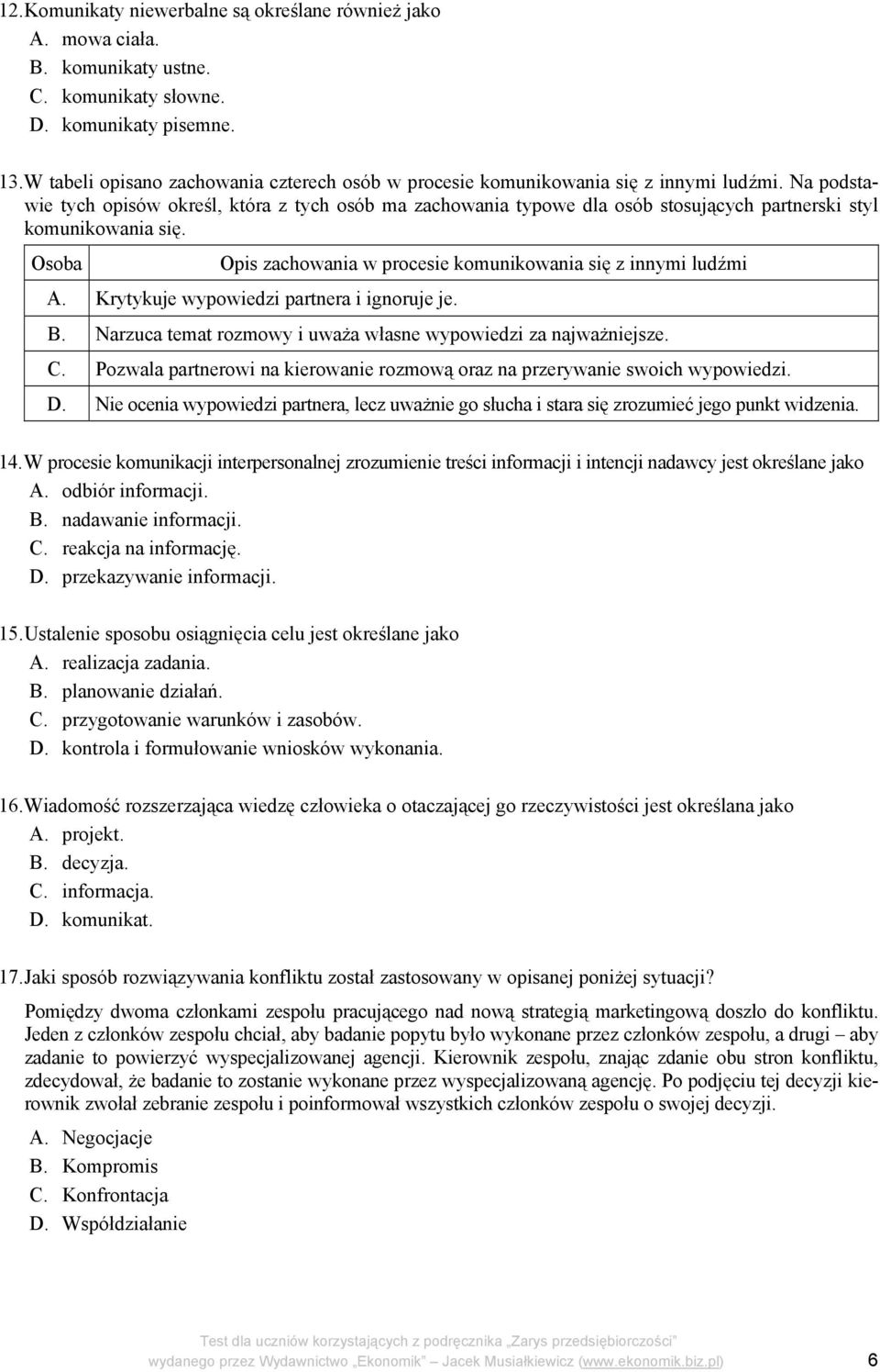 Na podstawie tych opisów określ, która z tych osób ma zachowania typowe dla osób stosujących partnerski styl komunikowania się. Osoba Opis zachowania w procesie komunikowania się z innymi ludźmi A.