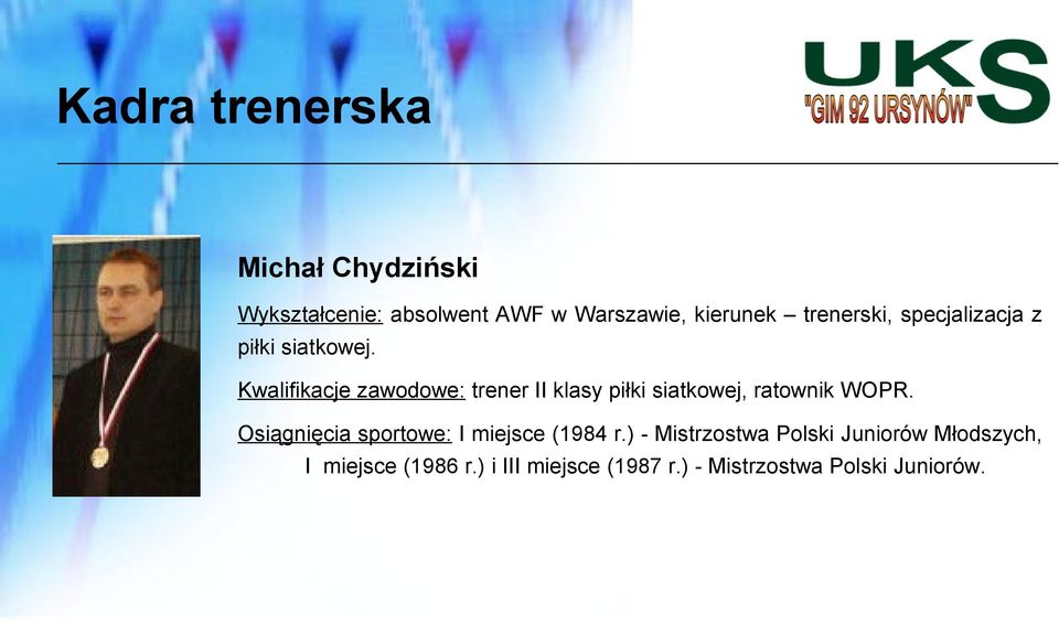 Kwalifikacje zawodowe: trener II klasy piłki siatkowej, ratownik WOPR.