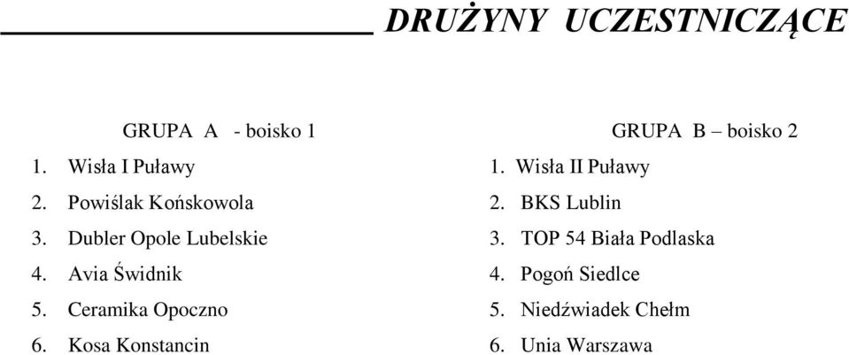 Dubler Opole Lubelskie 3. TOP 54 Biała Podlaska 4. Avia Świdnik 4.