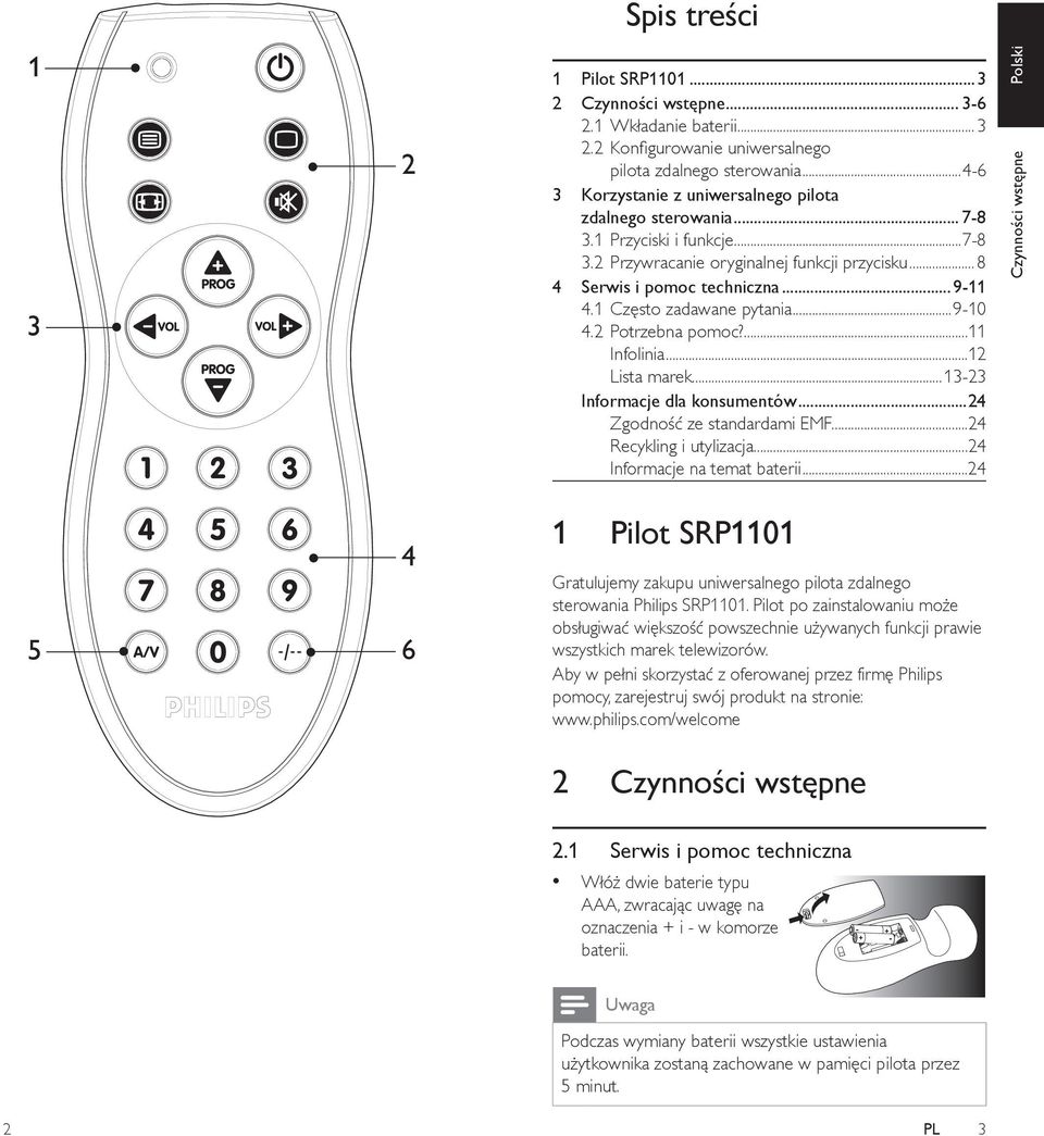 1 Często zadawane pytania...9-10 4.2 Potrzebna pomoc?...11 Infolinia...12 Lista marek...13-23 Informacje dla konsumentów...24 Zgodność ze standardami EMF...24 Recykling i utylizacja.