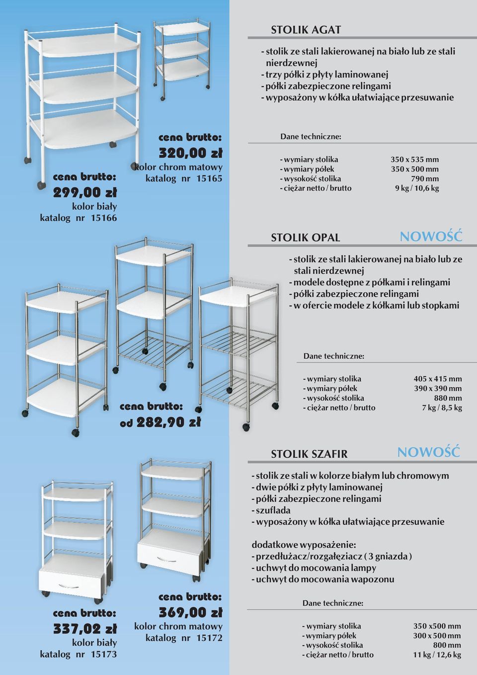 STOLIK OPAL NOWOŚĆ - stolik ze stali lakierowanej na biało lub ze stali nierdzewnej - modele dostępne z półkami i relingami - półki zabezpieczone relingami - w ofercie modele z kółkami lub stopkami