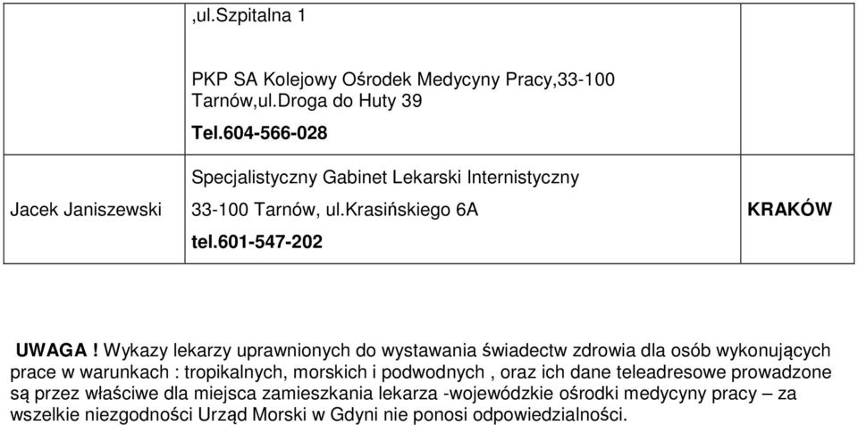 Wykazy lekarzy uprawnionych do wystawania świadectw zdrowia dla osób wykonujących prace w warunkach : tropikalnych, morskich i podwodnych, oraz