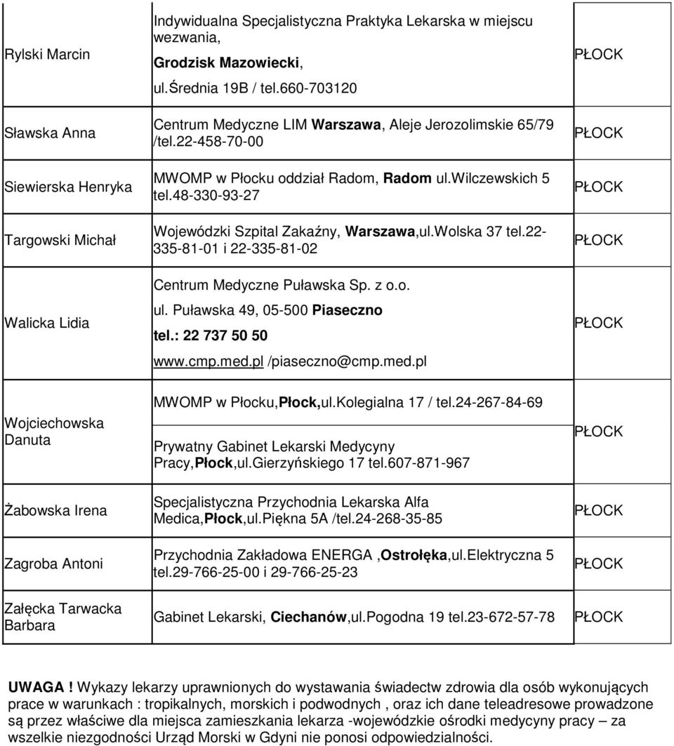 Wolska 37 tel.22-335-81-01 i 22-335-81-02 Centrum Medyczne Puławska Sp. z o.o. ul. Puławska 49, 05-500 Piaseczno tel.: 22 737 50 50 www.cmp.med.