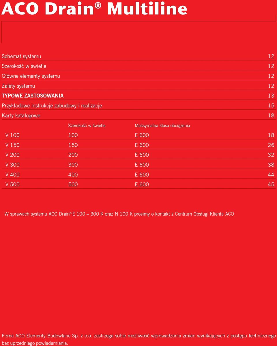 V 300 300 E 600 38 V 400 400 E 600 44 V 500 500 E 600 45 W sprawach systemu ACO Drain E 100 300 K oraz N 100 K prosimy o kontakt z Centrum Obsługi