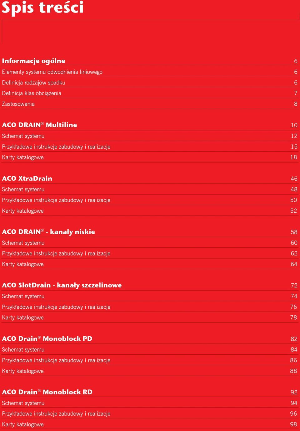 60 Przykładowe instrukcje zabudowy i realizacje 62 Karty katalogowe 64 ACO SlotDrain - kanały szczelinowe 72 Schemat systemu 74 Przykładowe instrukcje zabudowy i realizacje 76 Karty katalogowe