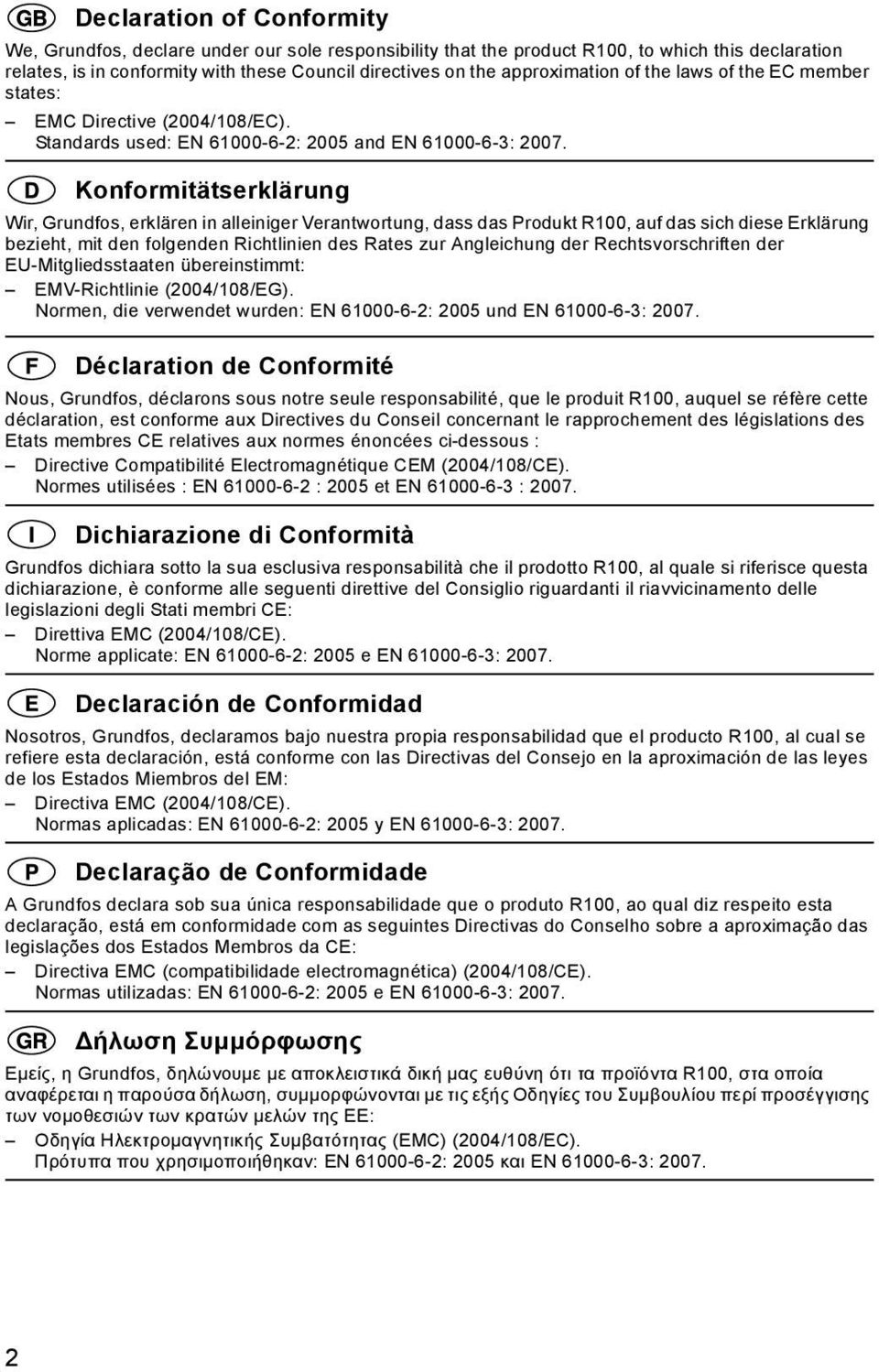 Konformitätserklärung Wir, Grundfos, erklären in alleiniger Verantwortung, dass das Produkt R100, auf das sich diese Erklärung bezieht, mit den folgenden Richtlinien des Rates zur Angleichung der