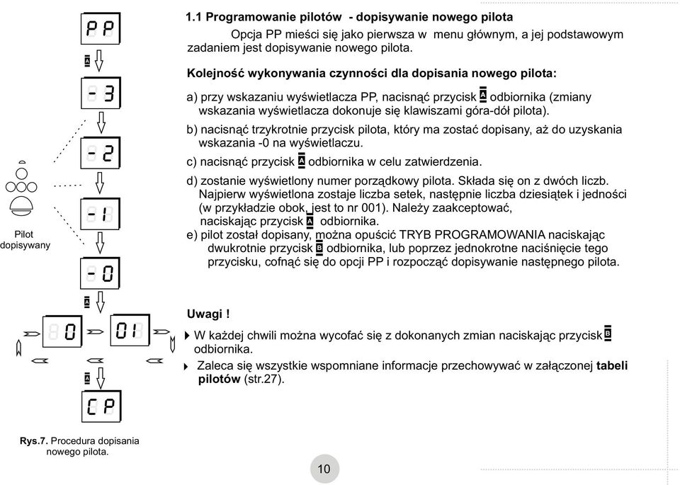 góra-dół pilota). b) nacisnąć trzykrotnie przycisk pilota, który ma zostać dopisany, aż do uzyskania wskazania -0 na wyświetlaczu. c) nacisnąć przycisk odbiornika w celu zatwierdzenia.