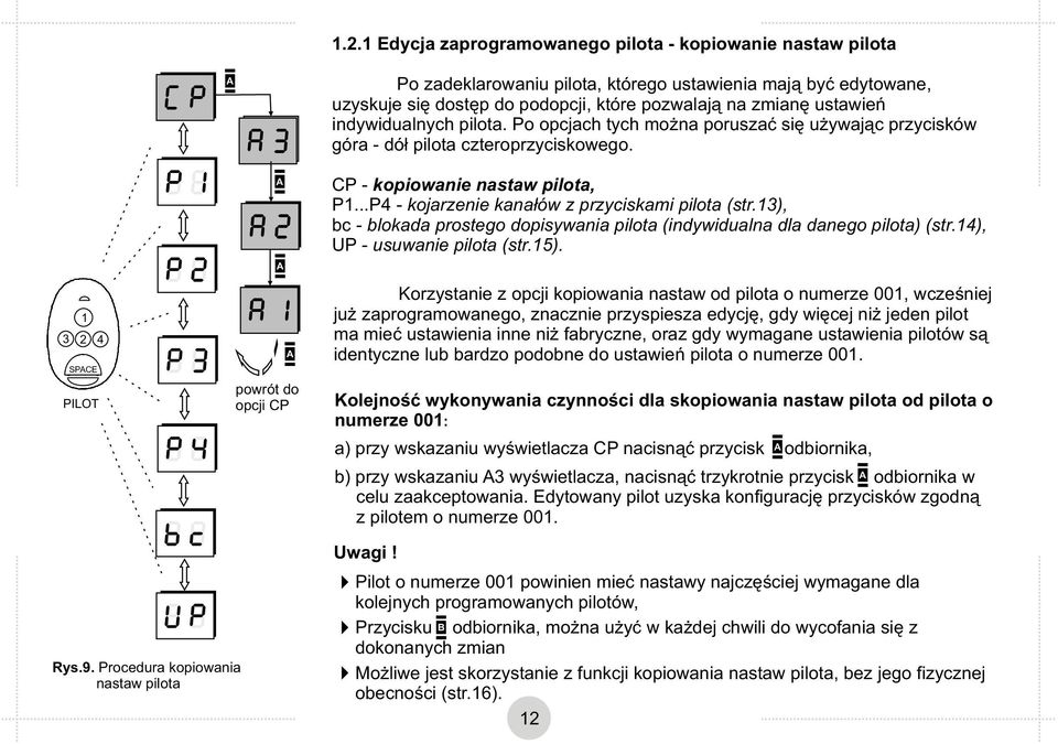 ..P4 - kojarzenie kanałów z przyciskami pilota (str.13), bc - blokada prostego dopisywania pilota (indywidualna dla danego pilota) (str.14), UP - usuwanie pilota (str.15).