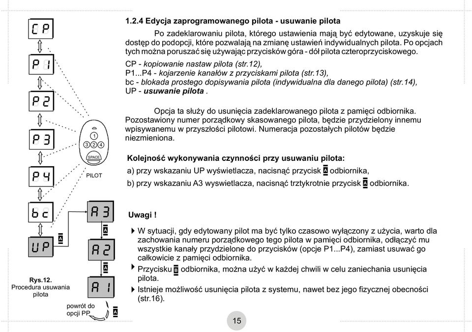 ..P4 - kojarzenie kanałów z przyciskami pilota (str.13), bc - blokada prostego dopisywania pilota (indywidualna dla danego pilota) (str.14), UP - usuwanie pilota.