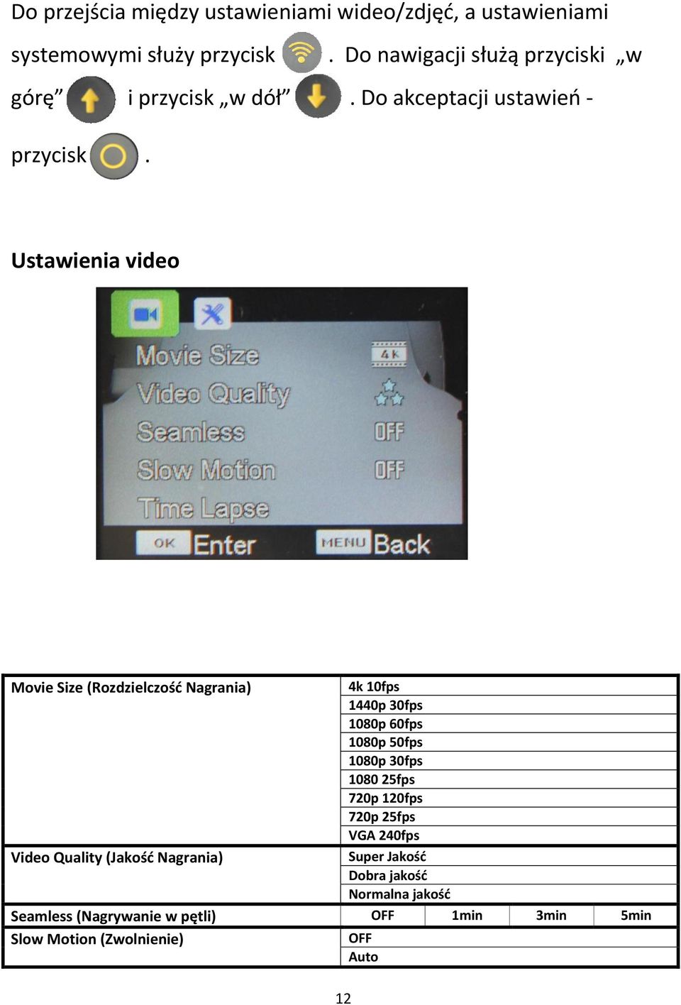 Ustawienia video Movie Size (Rozdzielczość Nagrania) 4k 10fps 1440p 30fps 1080p 60fps 1080p 50fps 1080p 30fps 1080 25fps
