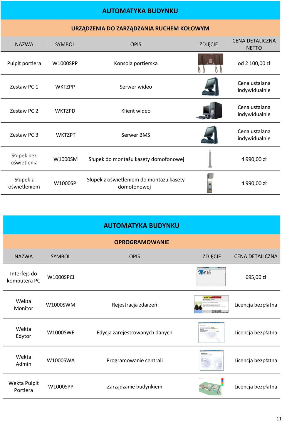 oświetleniem W1000SP Słupek z oświetleniem do montażu kasety domofonowej 4 990,00 zł AUTOMATYKA BUDYNKU OPROGRAMOWANIE Interfejs do komputera PC W1000SPCI 695,00 zł Wekta Monitor W1000SWM Rejestracja
