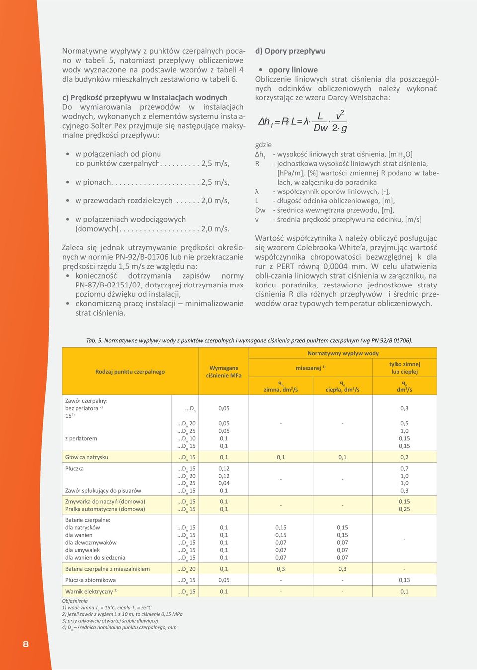 przepływu: w połączeniach od pionu do punktów czerpalnych....2,5 m/s, w pionach...2,5 m/s, w przewodach rozdzielczych...2,0 m/s,