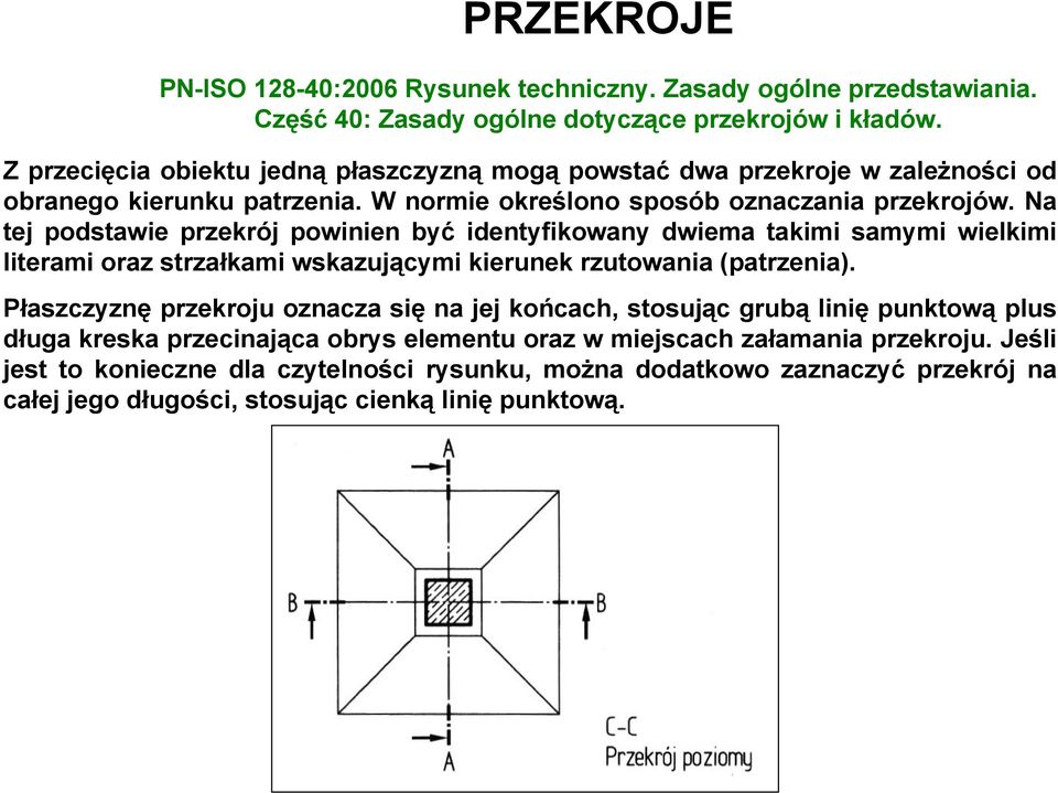 Na tej podstawie przekrój powinien być identyfikowany dwiema takimi samymi wielkimi literami oraz strzałkami wskazującymi kierunek rzutowania (patrzenia).