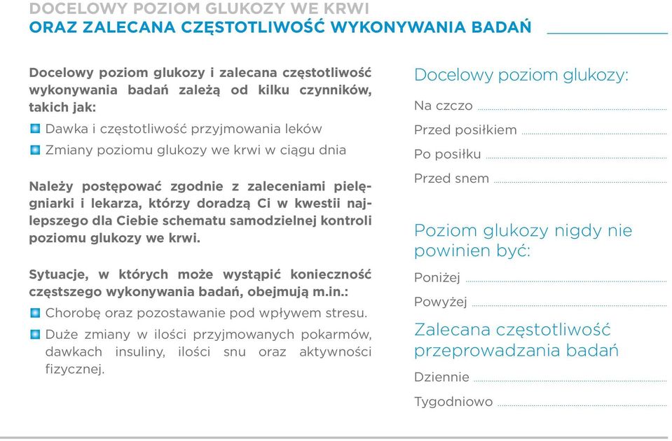 schematu samodzielnej kontroli poziomu glukozy we krwi. Sytuacje, w których może wystąpić konieczność częstszego wykonywania badań, obejmują m.in.: Chorobę oraz pozostawanie pod wpływem stresu.