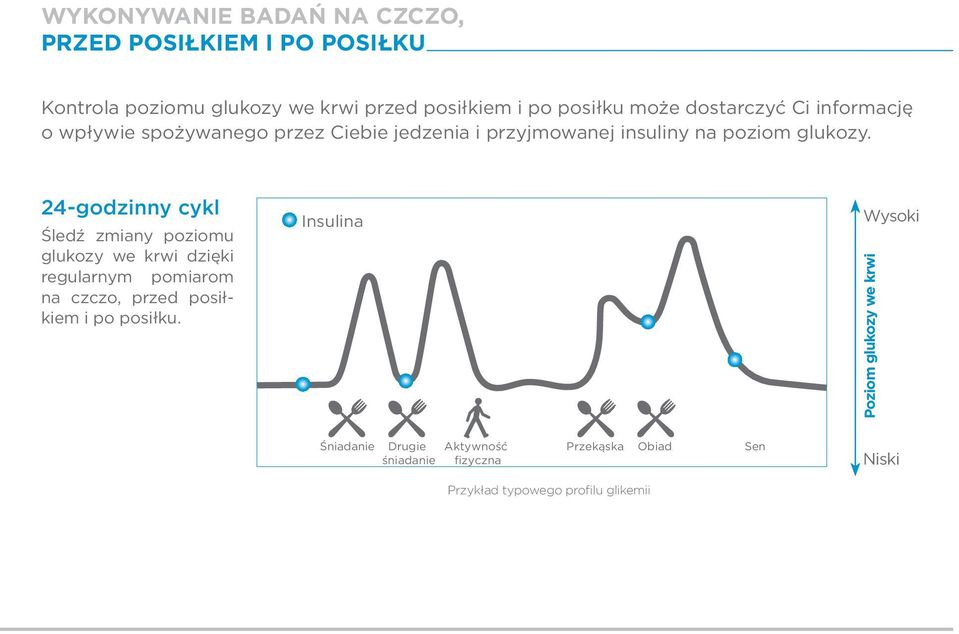 24-godzinny cykl Śledź zmiany poziomu glukozy we krwi dzięki regularnym pomiarom na czczo, przed posiłkiem i po posiłku.