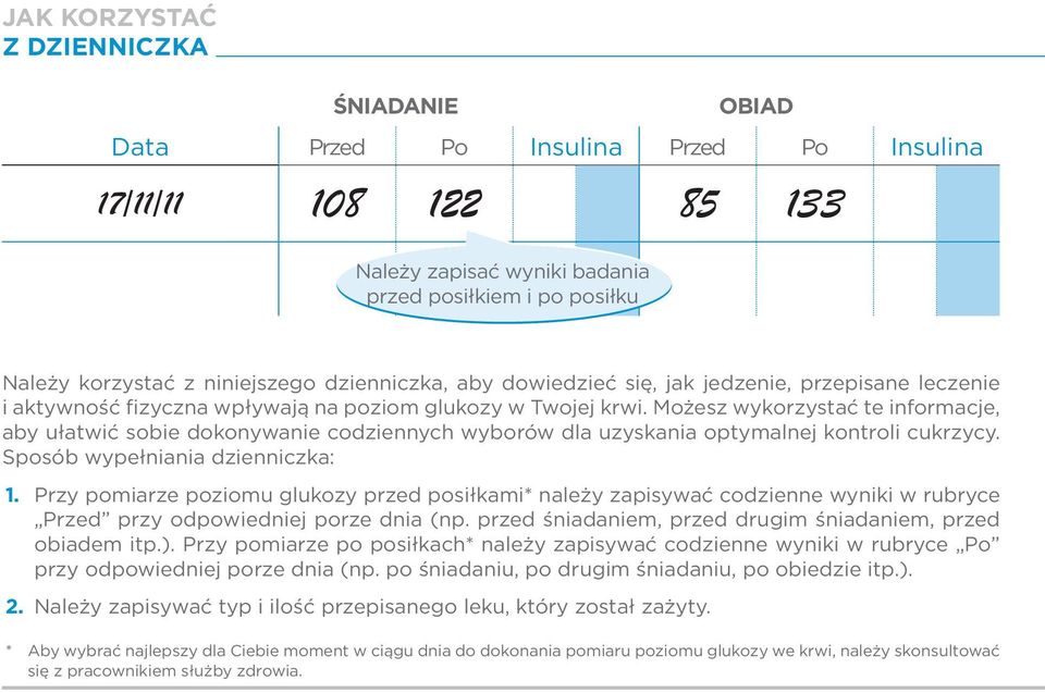 Możesz wykorzystać te informacje, aby ułatwić sobie dokonywanie codziennych wyborów dla uzyskania optymalnej kontroli cukrzycy. Sposób wypełniania dzienniczka: 1.