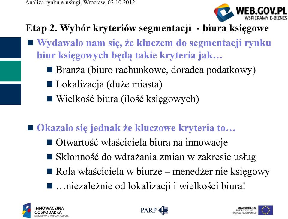 takie kryteria jak Branża (biuro rachunkowe, doradca podatkowy) Lokalizacja (duże miasta) Wielkość biura (ilość