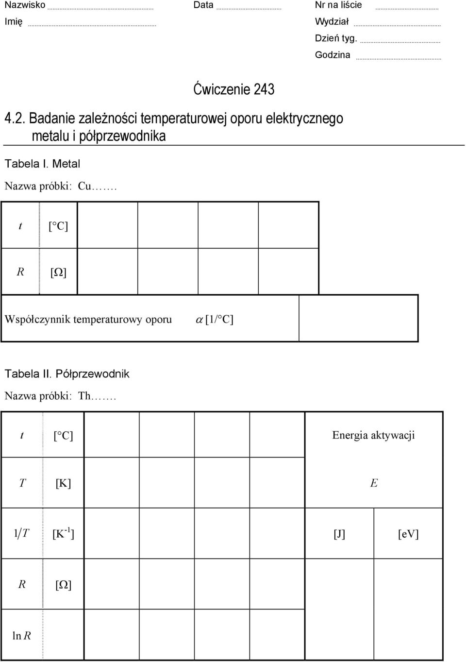 Metal Nazwa próbki: Cu. t [ C] R [Ω] Współczynnik temperaturowy oporu α [1/ C] Tabela II.