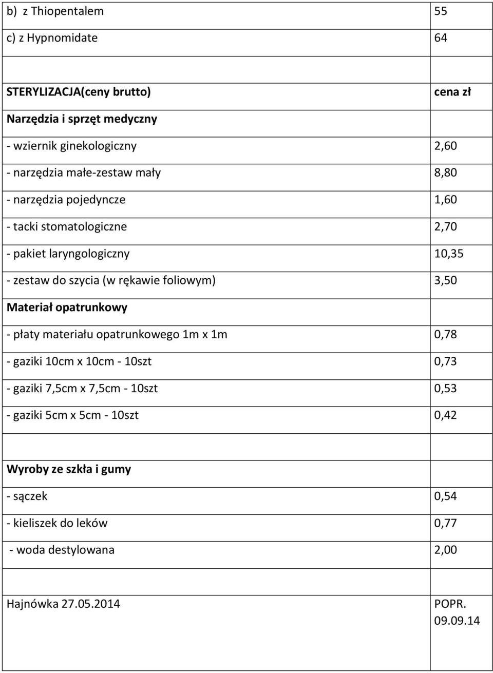 foliowym) 3,50 Materiał opatrunkowy - płaty materiału opatrunkowego 1m x 1m 0,78 - gaziki 10cm x 10cm - 10szt 0,73 - gaziki 7,5cm x 7,5cm - 10szt