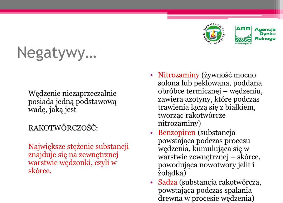Nitrozaminy (żywność mocno solona lub peklowana, poddana obróbce termicznej wędzeniu, zawiera azotyny, które podczas trawienia łączą się z białkiem,
