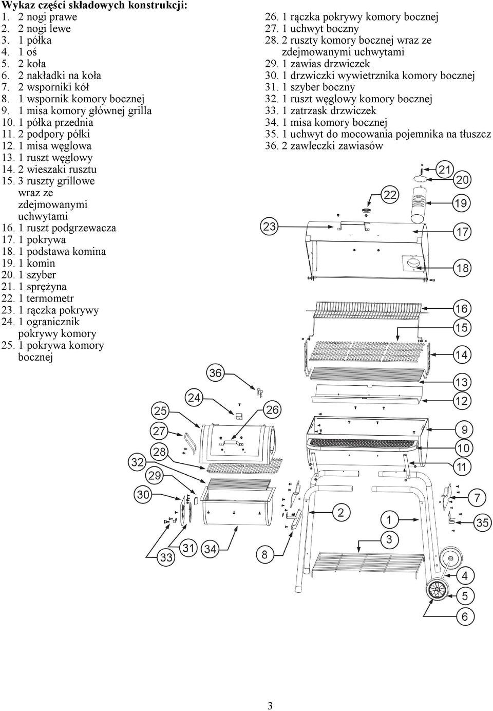 1 ruszt podgrzewacza 17. 1 pokrywa 18. 1 podstawa komina 19. 1 komin 20. 1 szyber 21. 1 sprężyna 22. 1 termometr 23. 1 rączka pokrywy 24. 1 ogranicznik pokrywy komory 25. 1 pokrywa komory bocznej 26.