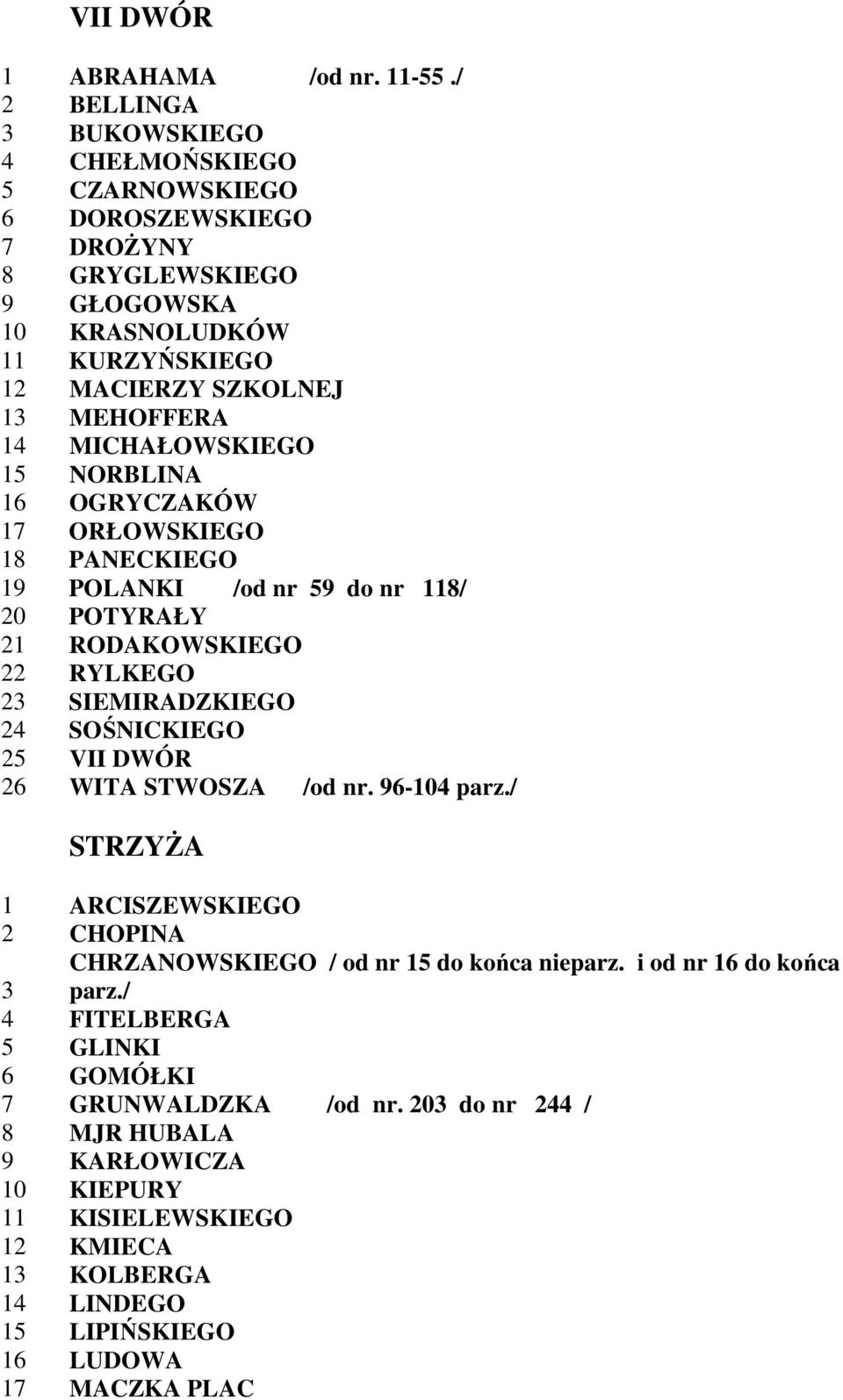 MICHAŁOWSKIEGO 15 NORBLINA 16 OGRYCZAKÓW 17 ORŁOWSKIEGO 18 PANECKIEGO 19 POLANKI /od nr 59 do nr 118/ 20 POTYRAŁY 21 RODAKOWSKIEGO 22 RYLKEGO 23 SIEMIRADZKIEGO 24 SOŚNICKIEGO 25 VII DWÓR