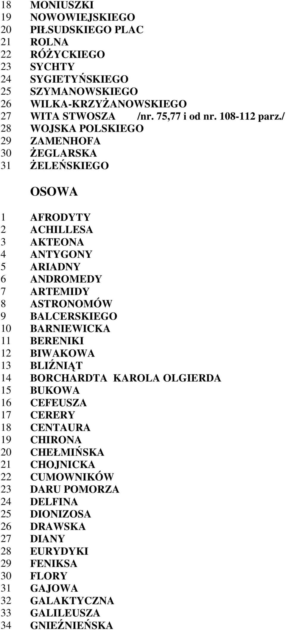 / 28 WOJSKA POLSKIEGO 29 ZAMENHOFA 30 śeglarska 31 śeleńskiego OSOWA 1 AFRODYTY 2 ACHILLESA 3 AKTEONA 4 ANTYGONY 5 ARIADNY 6 ANDROMEDY 7 ARTEMIDY 8 ASTRONOMÓW 9