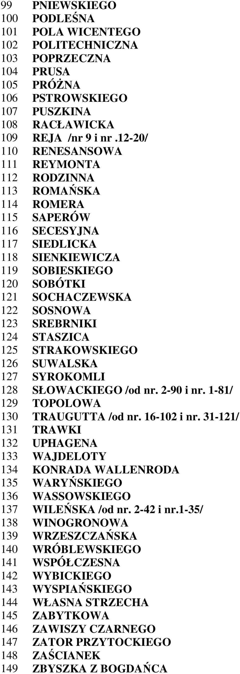 SREBRNIKI 124 STASZICA 125 STRAKOWSKIEGO 126 SUWALSKA 127 SYROKOMLI 128 SŁOWACKIEGO /od nr. 2-90 i nr. 1-81/ 129 TOPOLOWA 130 TRAUGUTTA /od nr. 16-102 i nr.