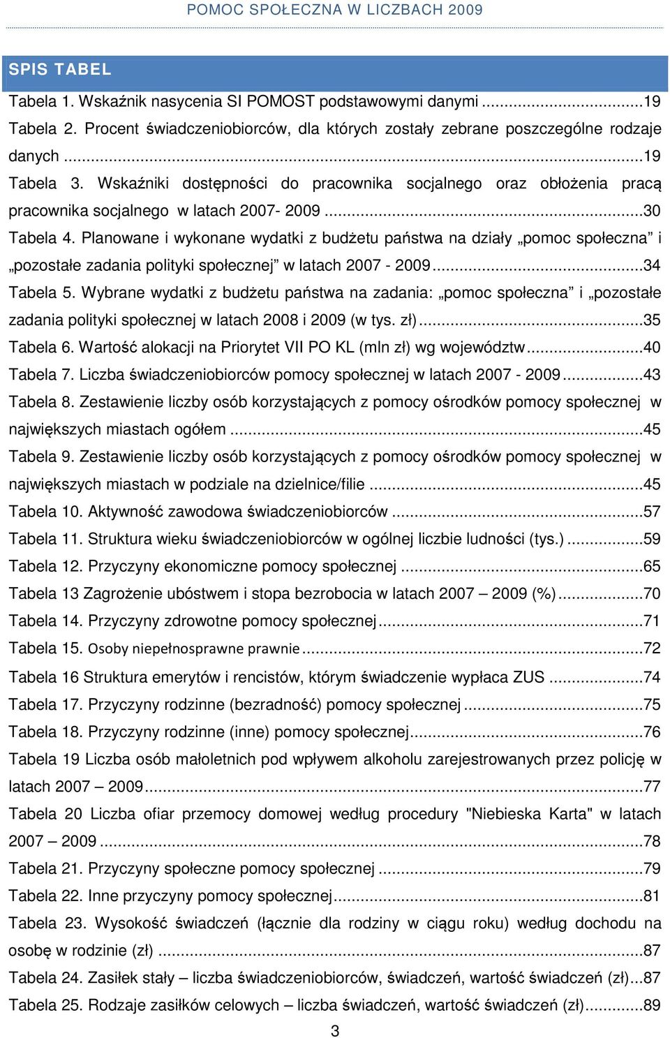 Planowane i wykonane wydatki z budżetu państwa na działy pomoc społeczna i pozostałe zadania polityki społecznej w latach 2007-2009...34 Tabela 5.