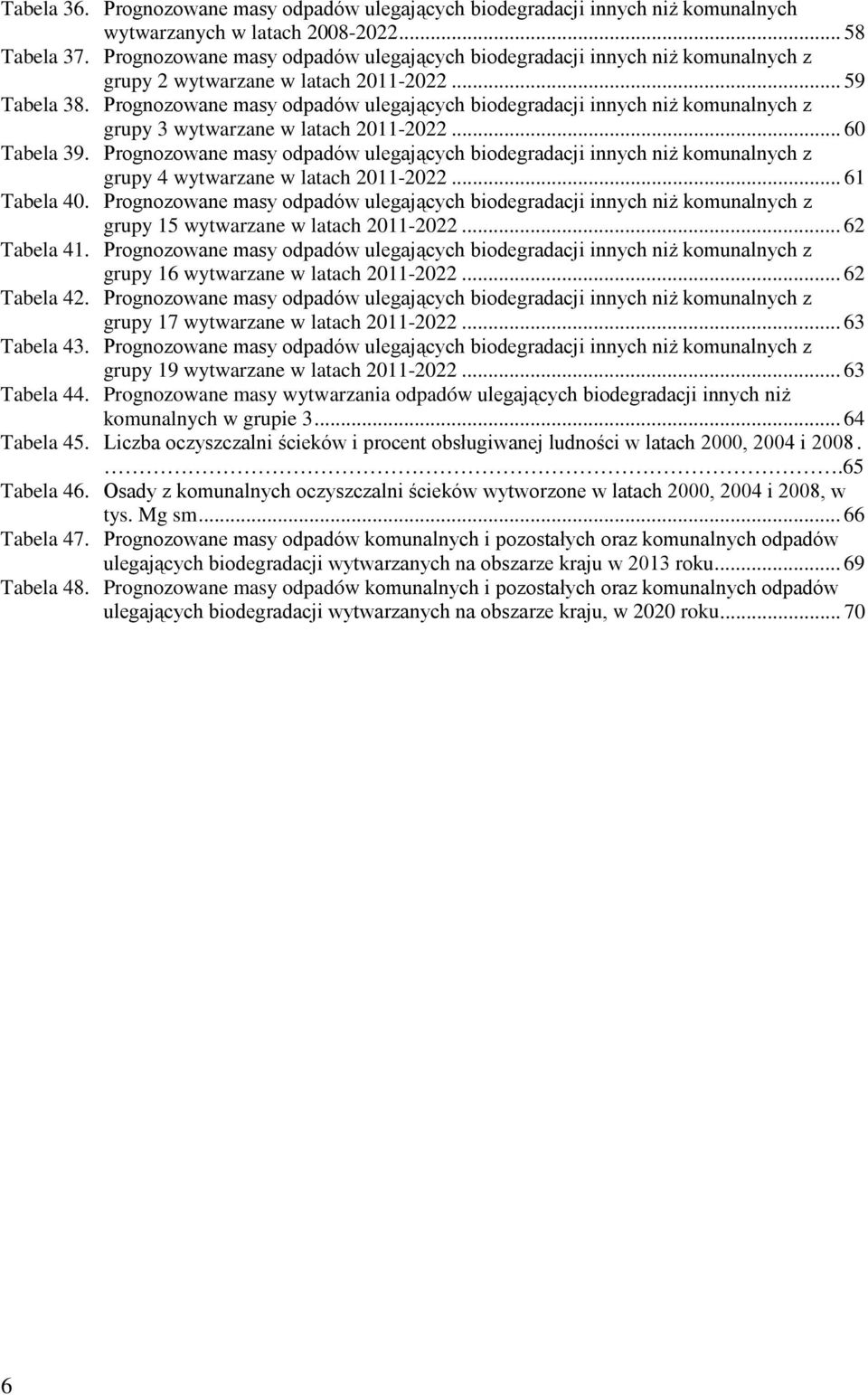 Prognozowane masy odpadów ulegających biodegradacji innych niż komunalnych z grupy 3 wytwarzane w latach 2011-2022... 60 Tabela 39.