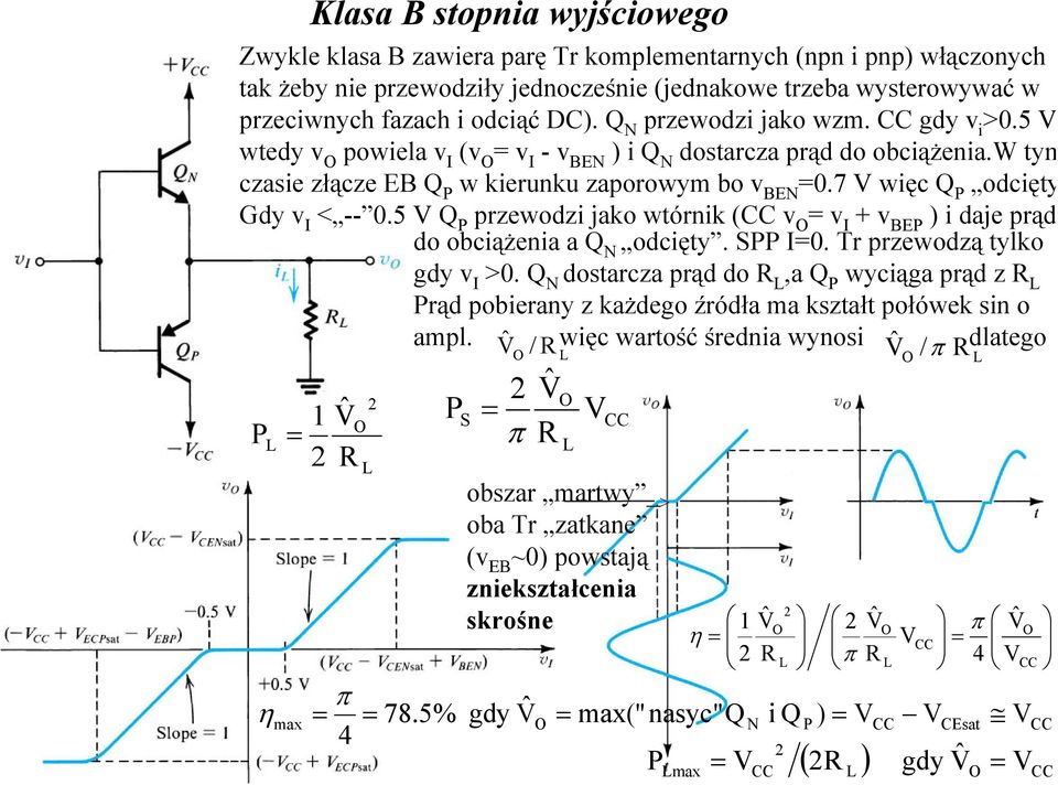 5 Q przewodzi jako wtórnik ( v v + v BE ) i daje prąd do obciążenia a Q odcięty. 0. Tr przewodzą tylko gdy v >0.