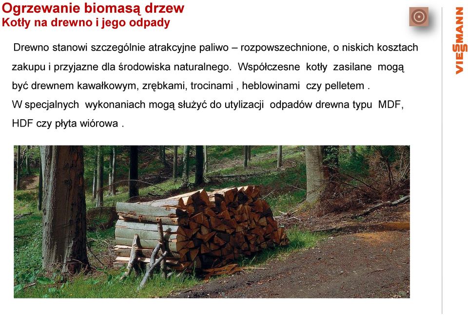 Współczesne kotły zasilane mogą być drewnem kawałkowym, zrębkami, trocinami, heblowinami czy