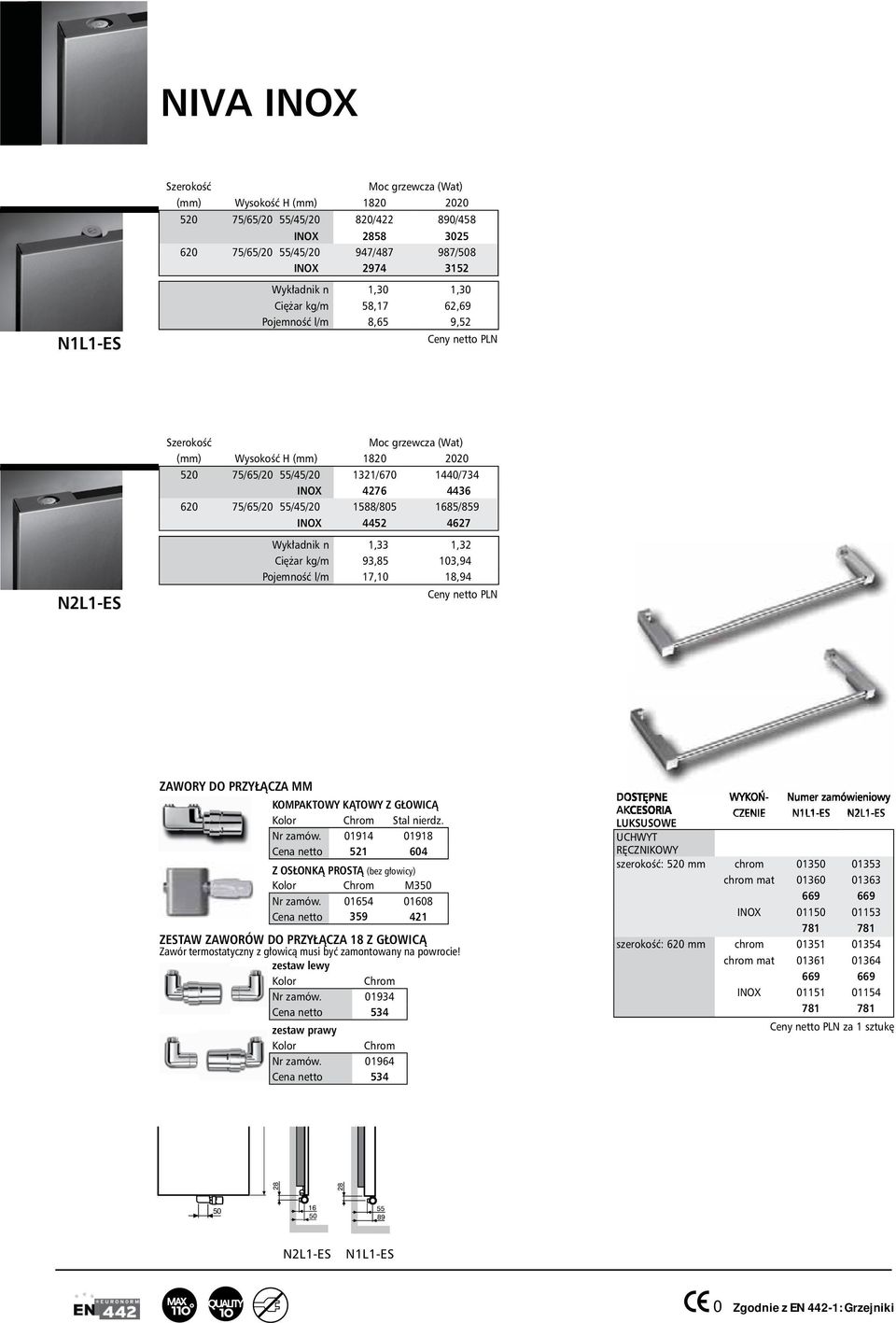 55/45/20 1588/805 1685/859 INOX 4452 4627 Wyk adnik n 1,33 1,32 Ci ar kg/m 93,85 103,94 Pojemno l/m 17,10 18,94 Ceny netto PLN ZAWORY DO PRZY CZA MM KOMPAKTOWY K TOWY Z G OWIC Kolor Chrom Stal nierdz.