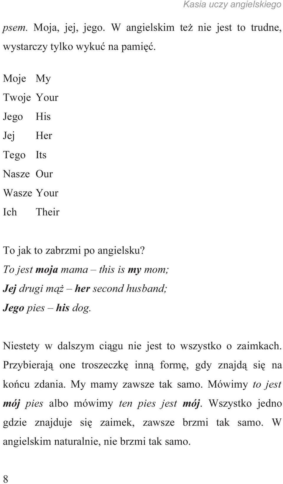 To jest moja mama this is my mom; Jej drugi mąż her second husband; Jego pies his dog. Niestety w dalszym ciągu nie jest to wszystko o zaimkach.