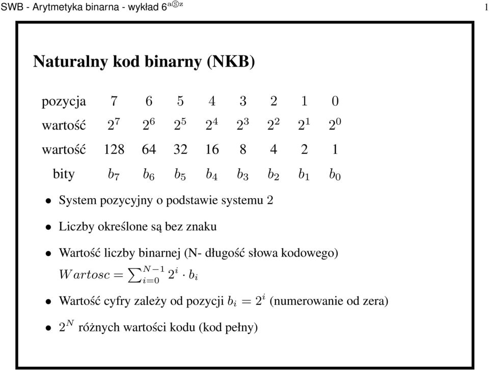 podstawie systemu2 Liczby określone są bez znaku Wartość liczby binarnej (N- długość słowa kodowego) Wartosc=