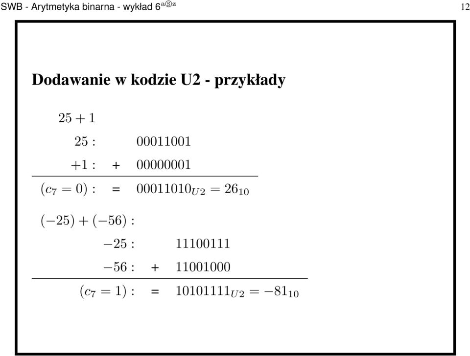 00000001 (c 7 =0): = 00011010 U2 =26 10 ( 25)+( 56):