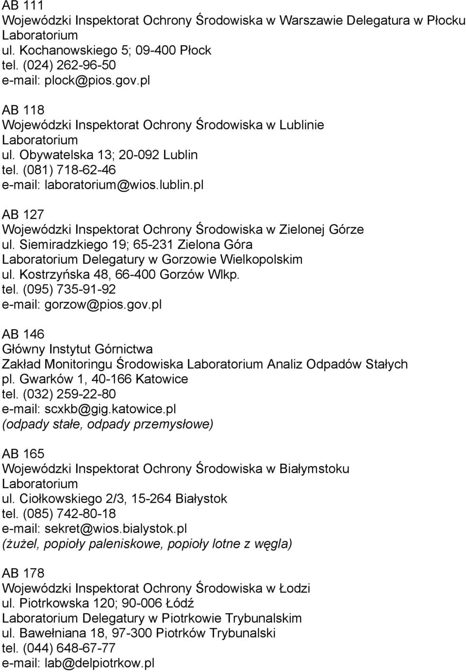 pl AB 127 Wojewódzki Inspektorat Ochrony Środowiska w Zielonej Górze ul. Siemiradzkiego 19; 65-231 Zielona Góra Delegatury w Gorzowie Wielkopolskim ul. Kostrzyńska 48, 66-400 Gorzów Wlkp. tel.