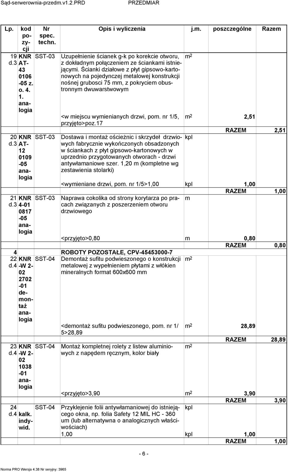 17 Dostawa i montaŝ ościeŝnic i skrzydeł drzwiowych fabrycznie wykończonych obsadzonych w ściankach z płyt gipsowo-kartonowych w uprzednio przygotowanych otworach - drzwi antywłamaniowe szer.