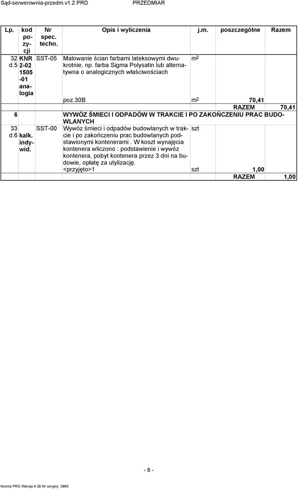 30b 70,41 RAZEM 70,41 6 WYWÓZ ŚMIECI I ODPADÓW W TRAKCIE I PO ZAKOŃCZENIU PRAC BUDO- WLANYCH 33 SST-00 d.6 kalk.
