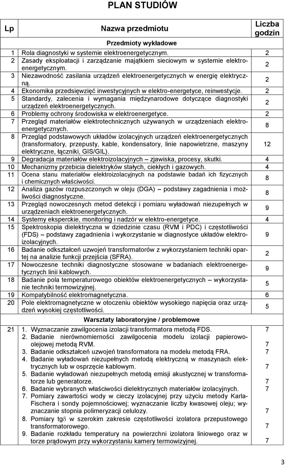 4 Ekonomika przedsięwzięć inwestycyjnych w elektro-energetyce, reinwestycje. 5 Standardy, zalecenia i wymagania międzynarodowe dotyczące diagnostyki urządzeń elektroenergetycznych.