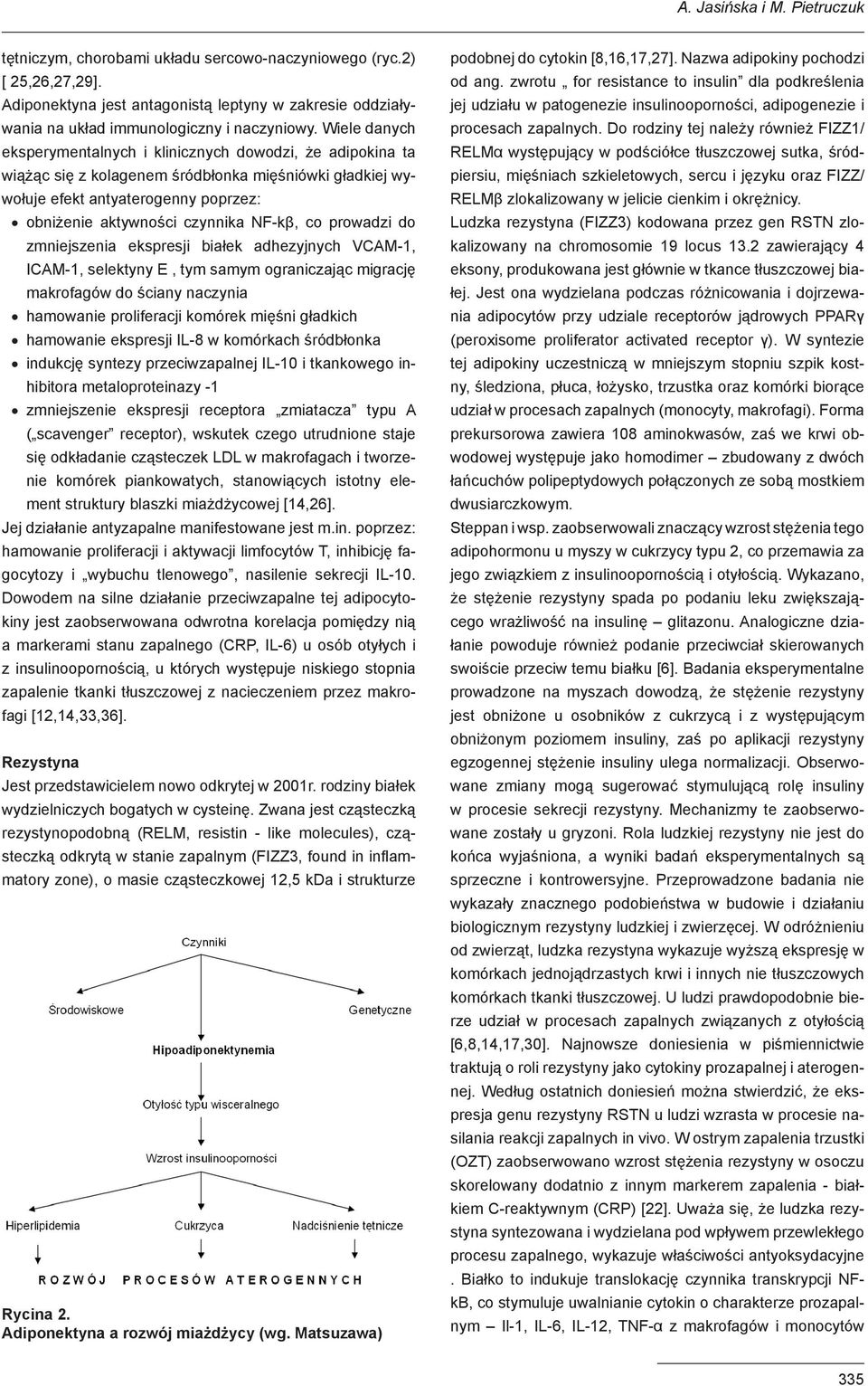 Wiele danych eksperymentalnych i klinicznych dowodzi, że adipokina ta wiążąc się z kolagenem śródbłonka mięśniówki gładkiej wywołuje efekt antyaterogenny poprzez: obniżenie aktywności czynnika NF-kβ,